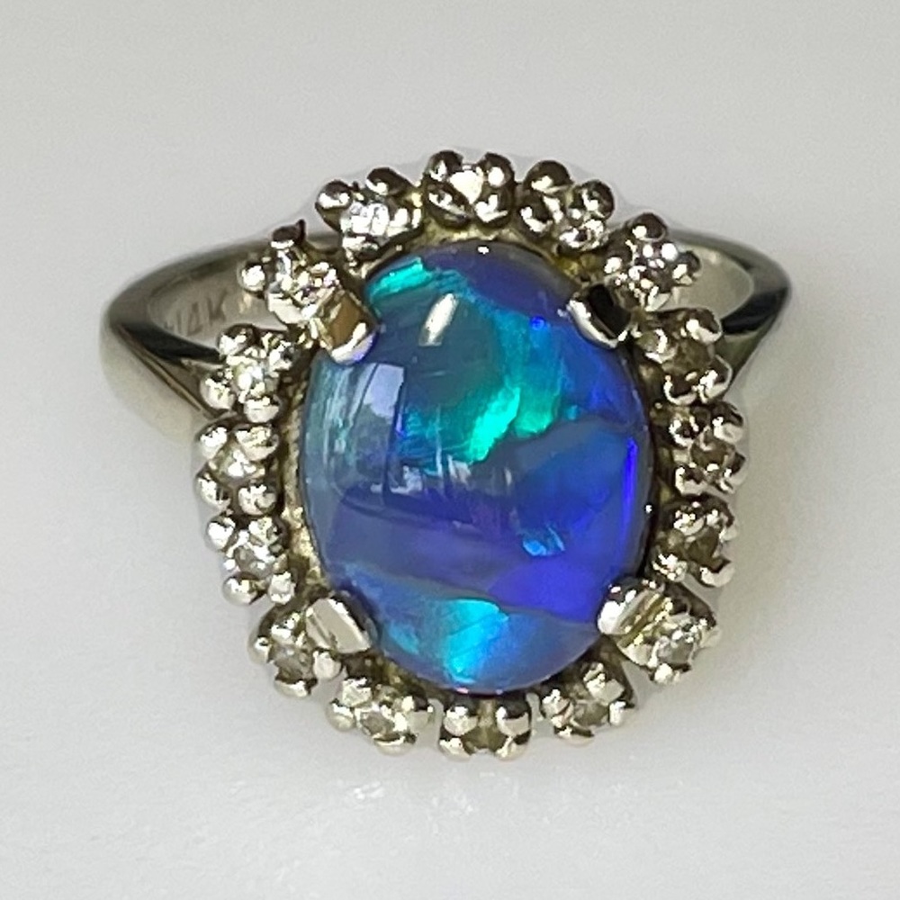 SOLD**Art Deco 14k WG Aus. Black Opal Diamond Ring